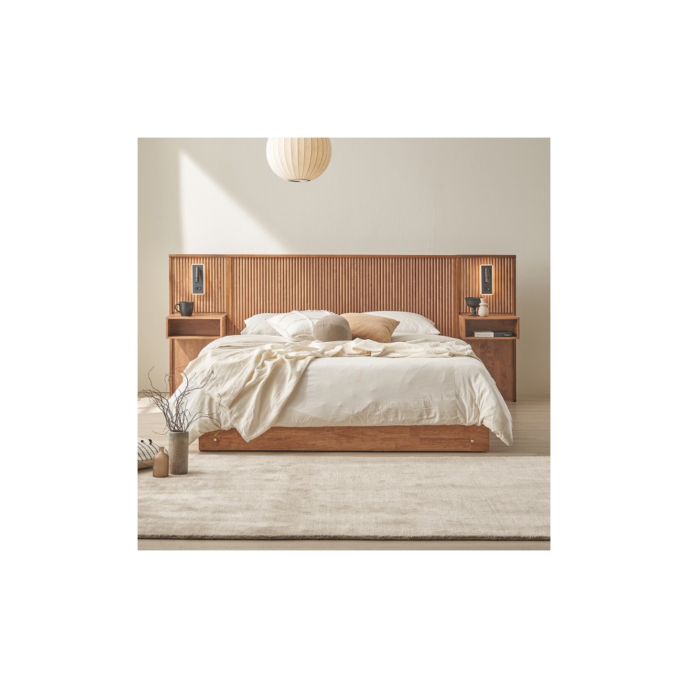 제니아 원목 호텔식 수납 퀸침대Q+LED조명협탁2개