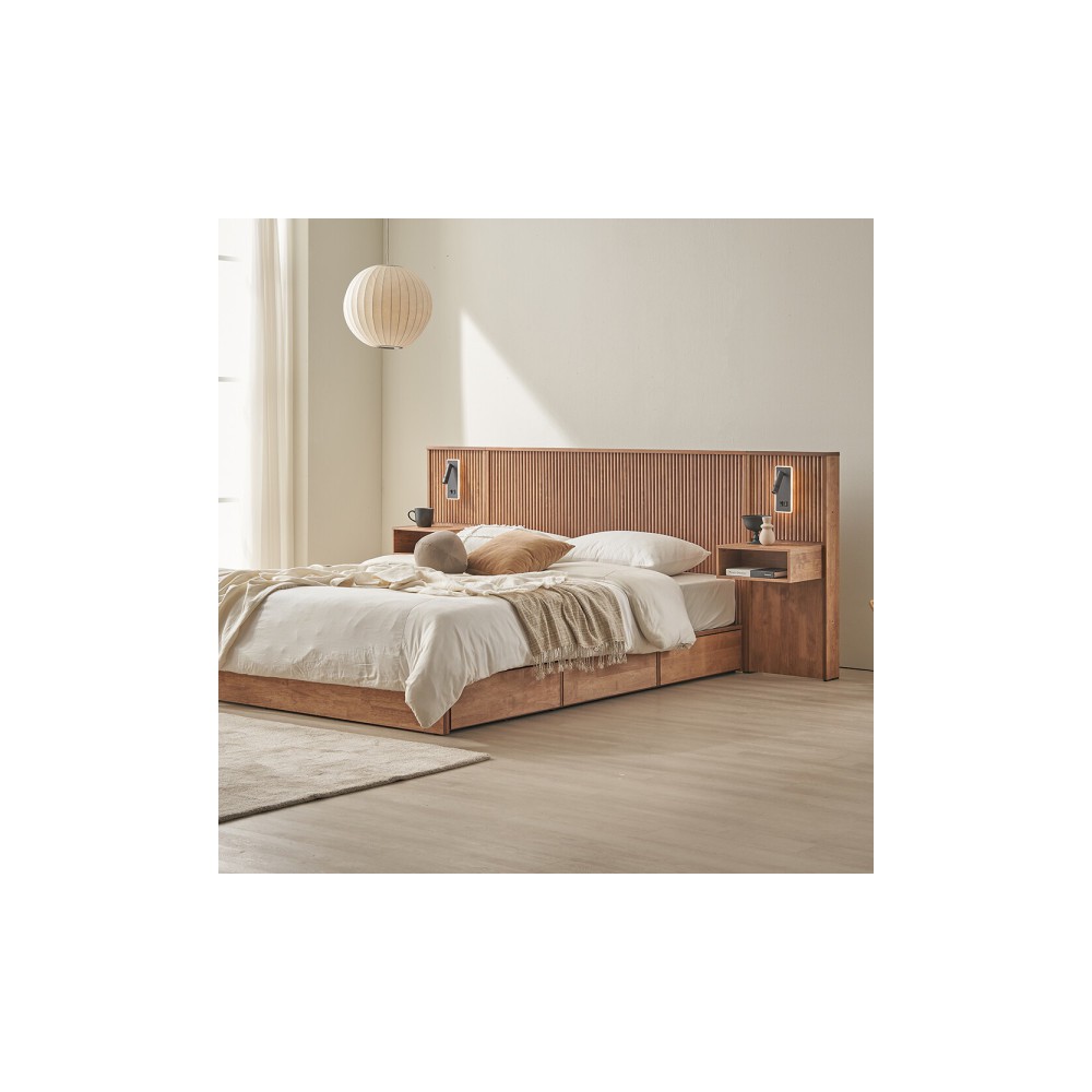 제니아 원목 호텔식 수납 퀸침대Q+LED조명협탁2개